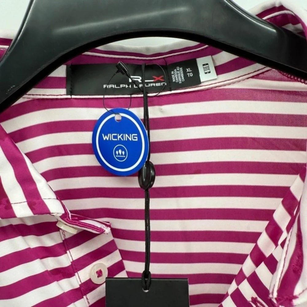 NEW RLX Ralph Lauren Mens XL Golf Performance Moisture Wicking Pink White Stripe